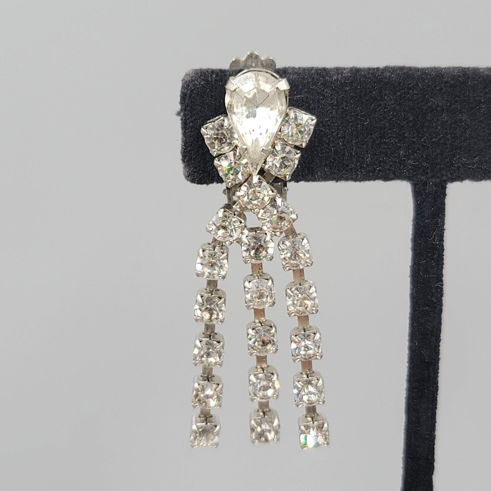 Vintage Long Rhinestone Clip on Earrings Silver tone 2"
