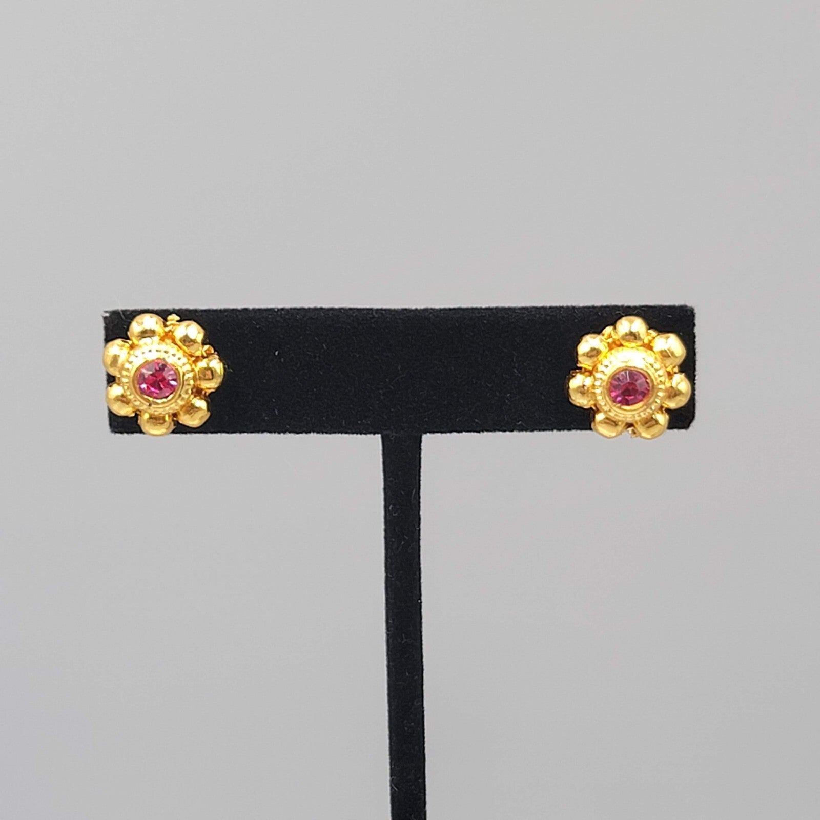 Bollywood Pierced Earrings Gold Plated Hot Pink Stone Studs 1/2"