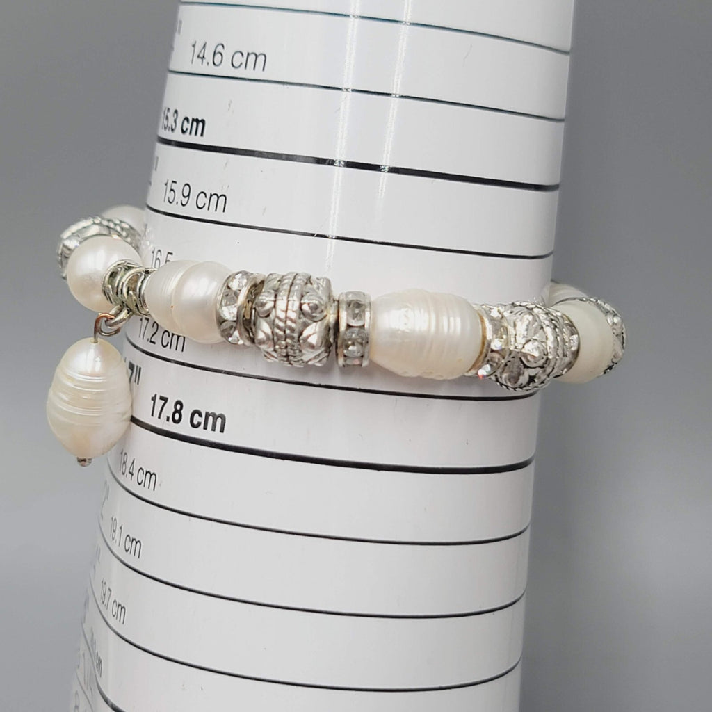 Pearl Bracelet Silver tone Crystal Rhinestone Elastic 6.5"