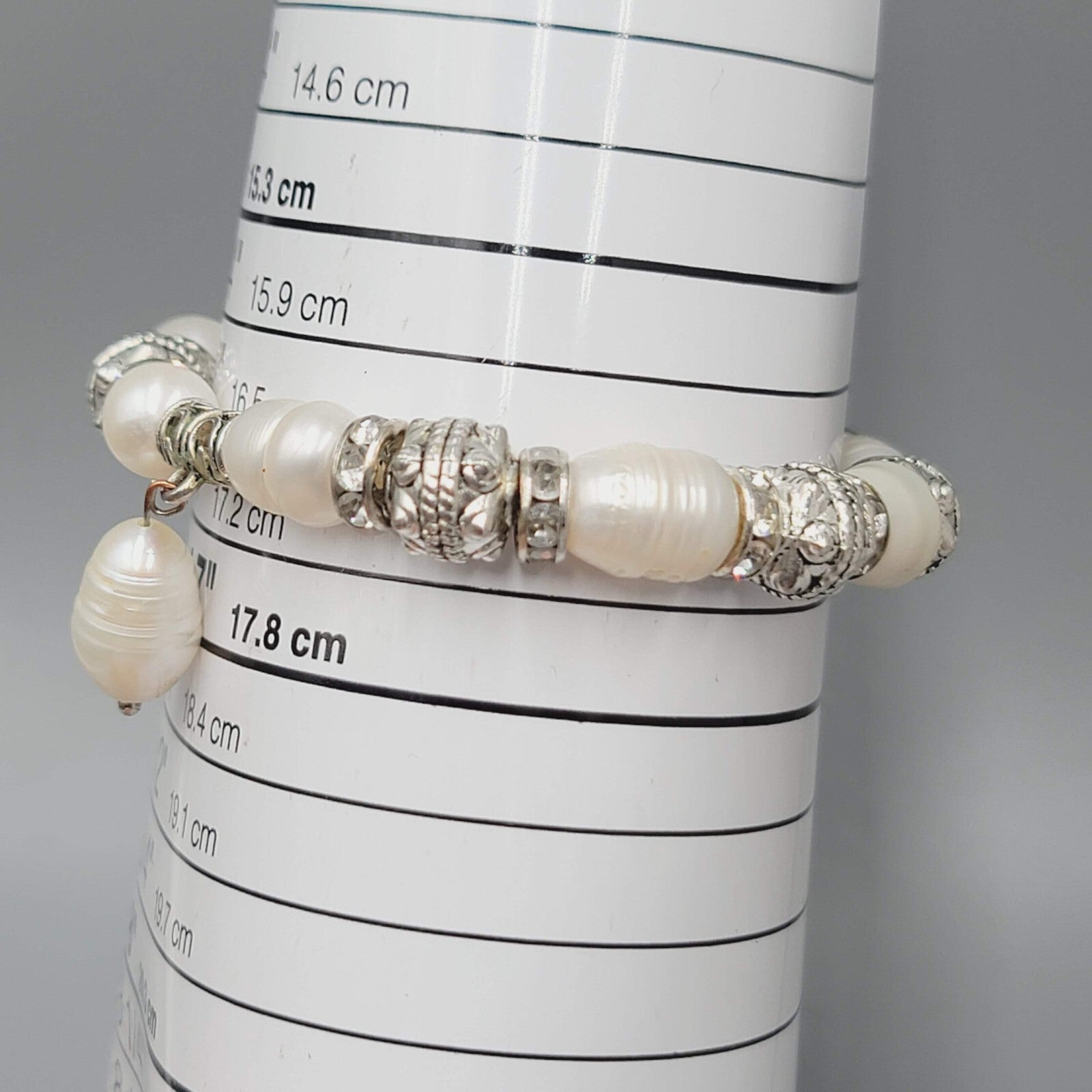Pearl Bracelet Silver tone Crystal Rhinestone Elastic 6.5"