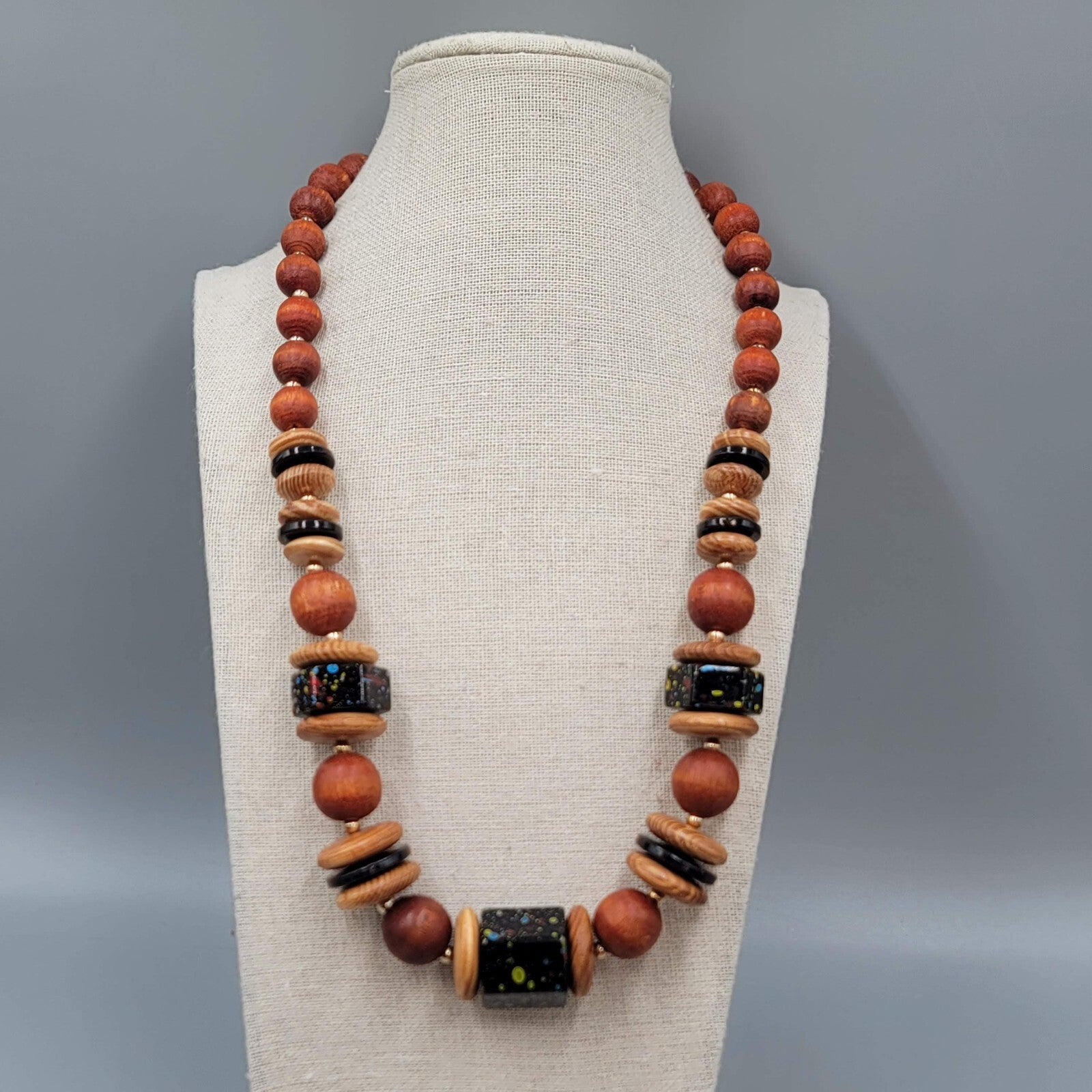 Vintage Wood Graduated Bead Statement Black Speckle Accent Bead 23"