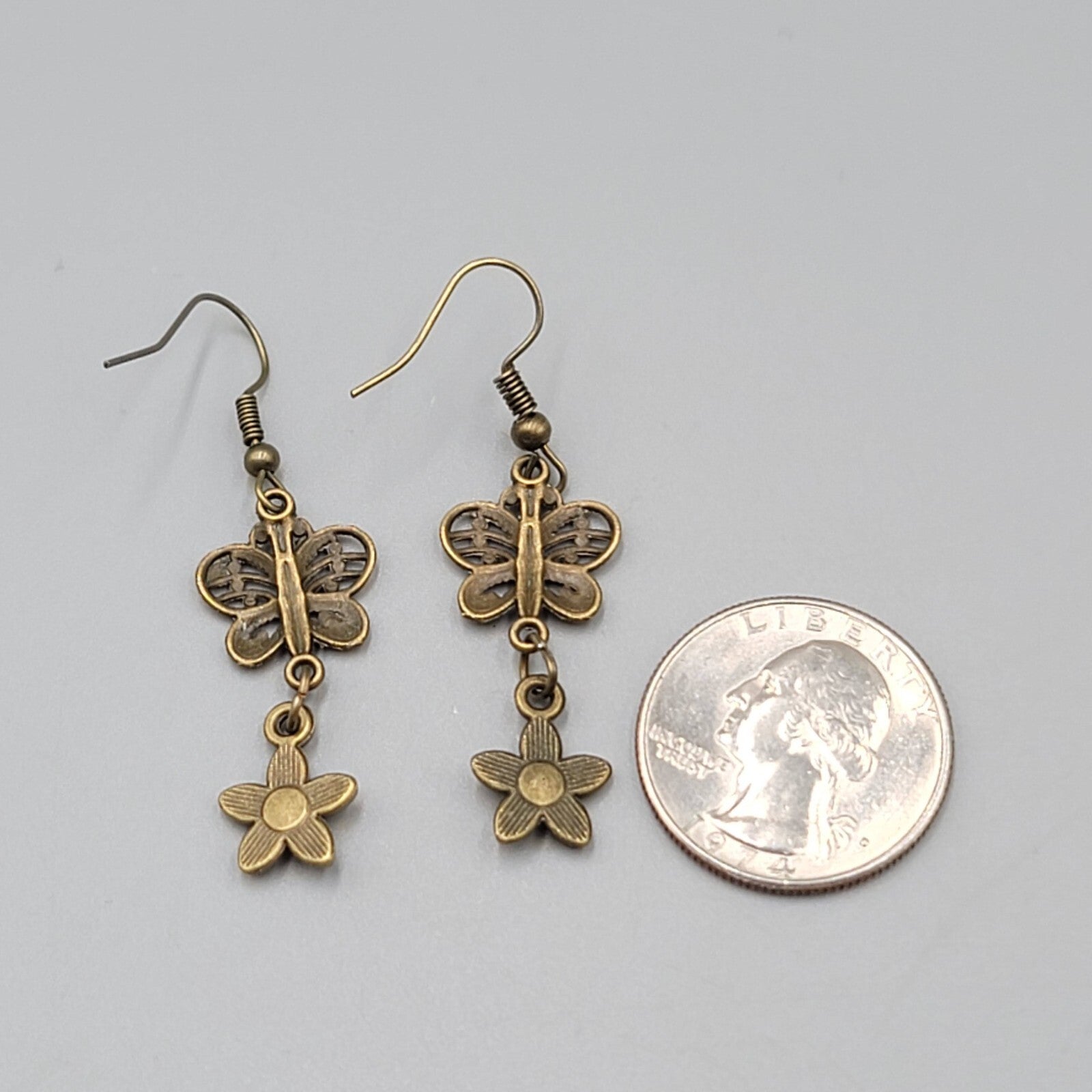 New Filigree Butterfly Flower Pierced Earrings Bronze tone Dangle 1.25"