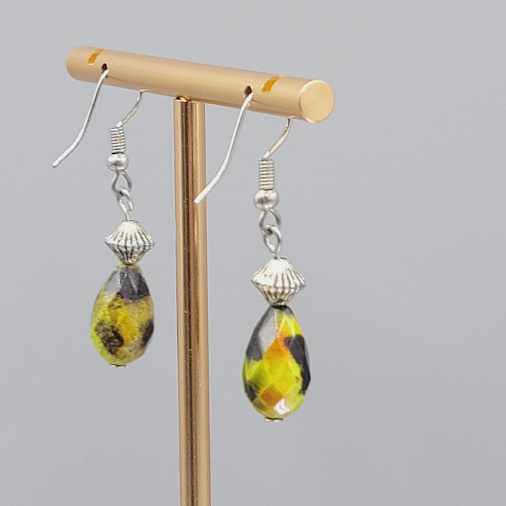 Green Orange Stone Pierced Earrings Faceted Teardrop Bead Silver tone Dangle 1"