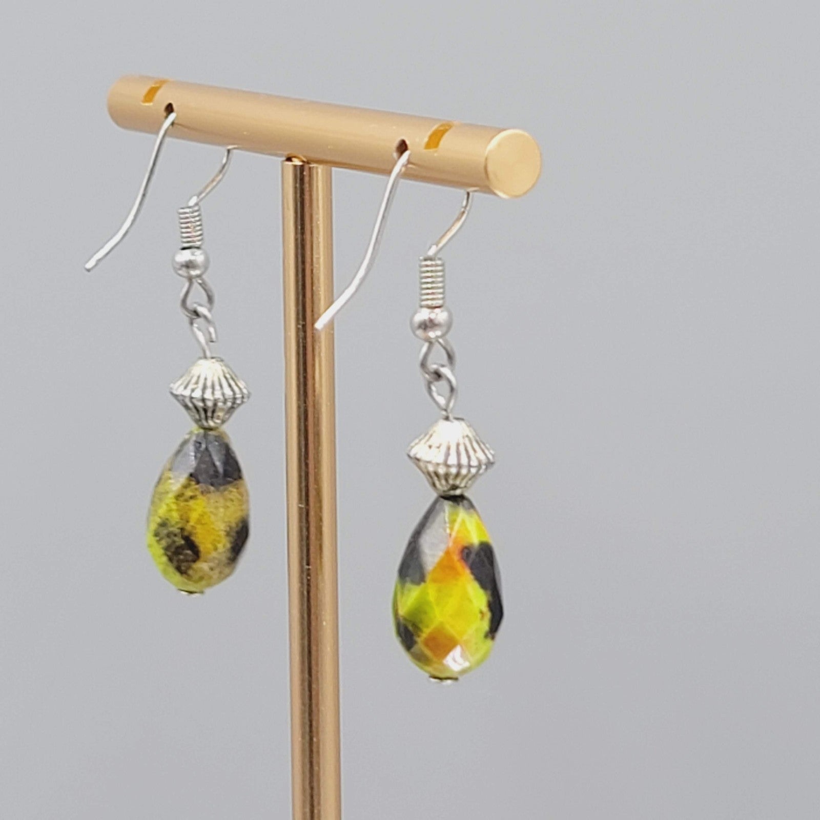 Green Orange Stone Pierced Earrings Faceted Teardrop Bead Silver tone Dangle 1"