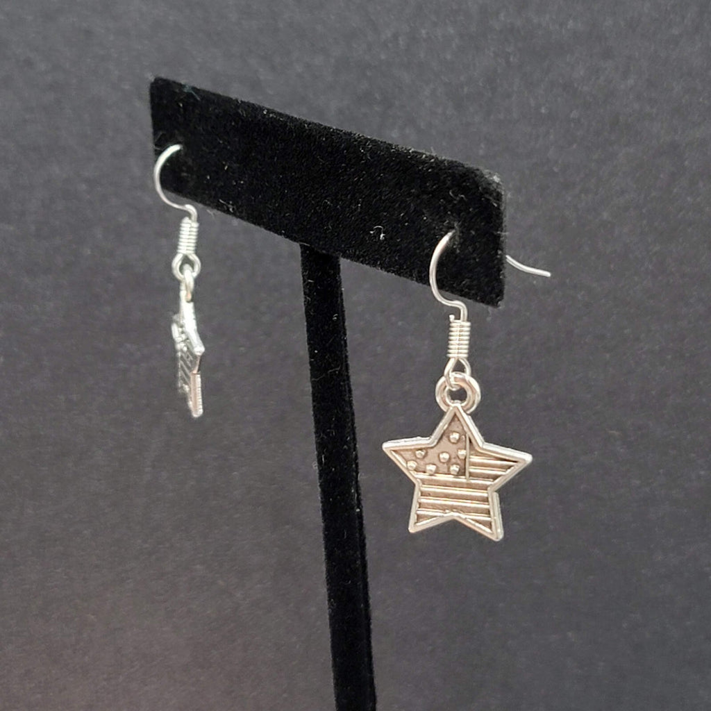 Pierced Earrings Silver tone American Flag Star Dangle 3/4"