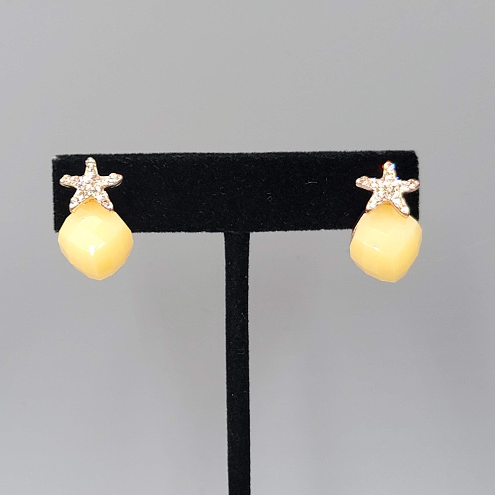 Rose Gold tone Pierced Earrings Yellow Square Drop 7/8"