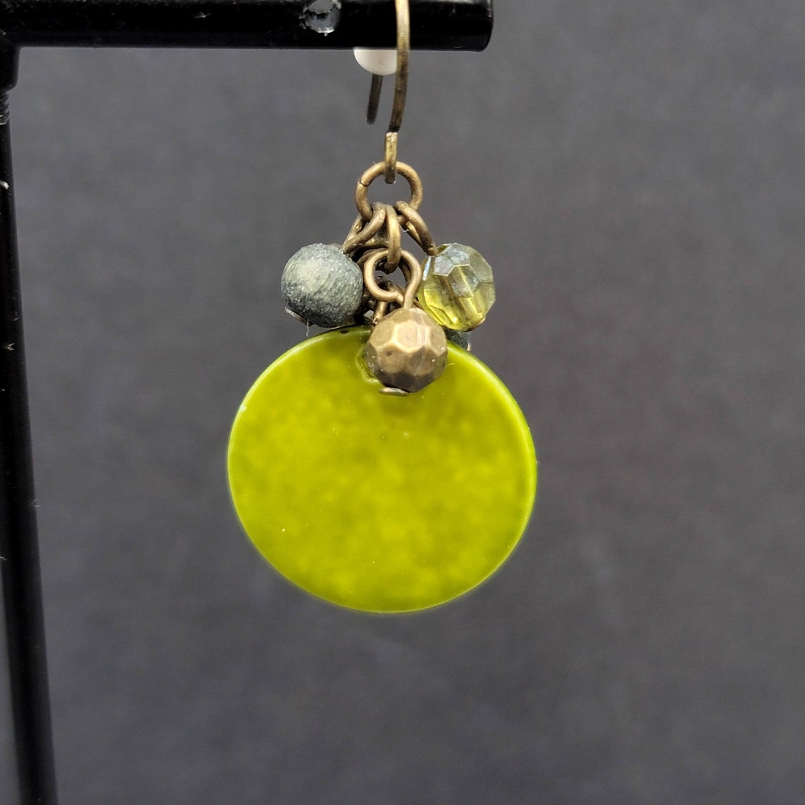 Pierced Earrings Green Shell and Beaded Dangle 1.25"