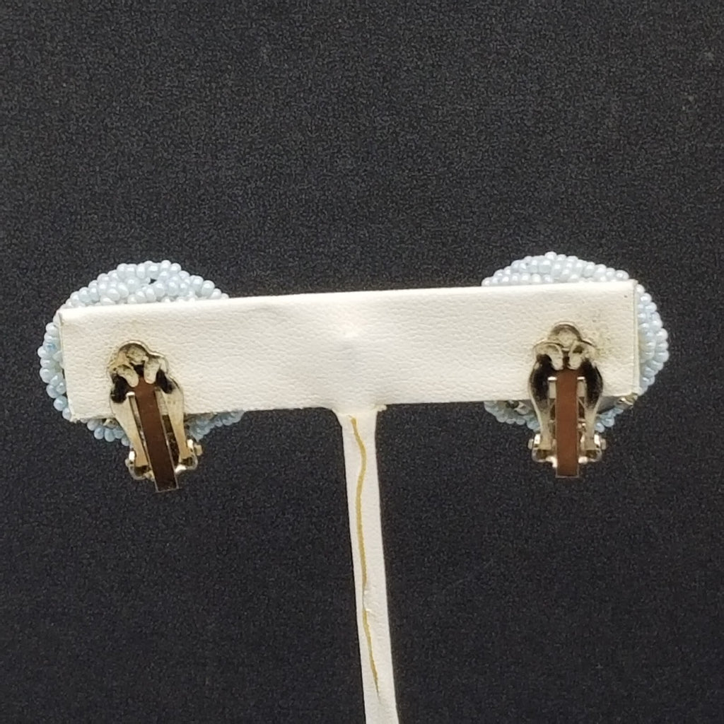 Vintage Clip On Light Blue Seed Bead Knot Button Stud 7/8"