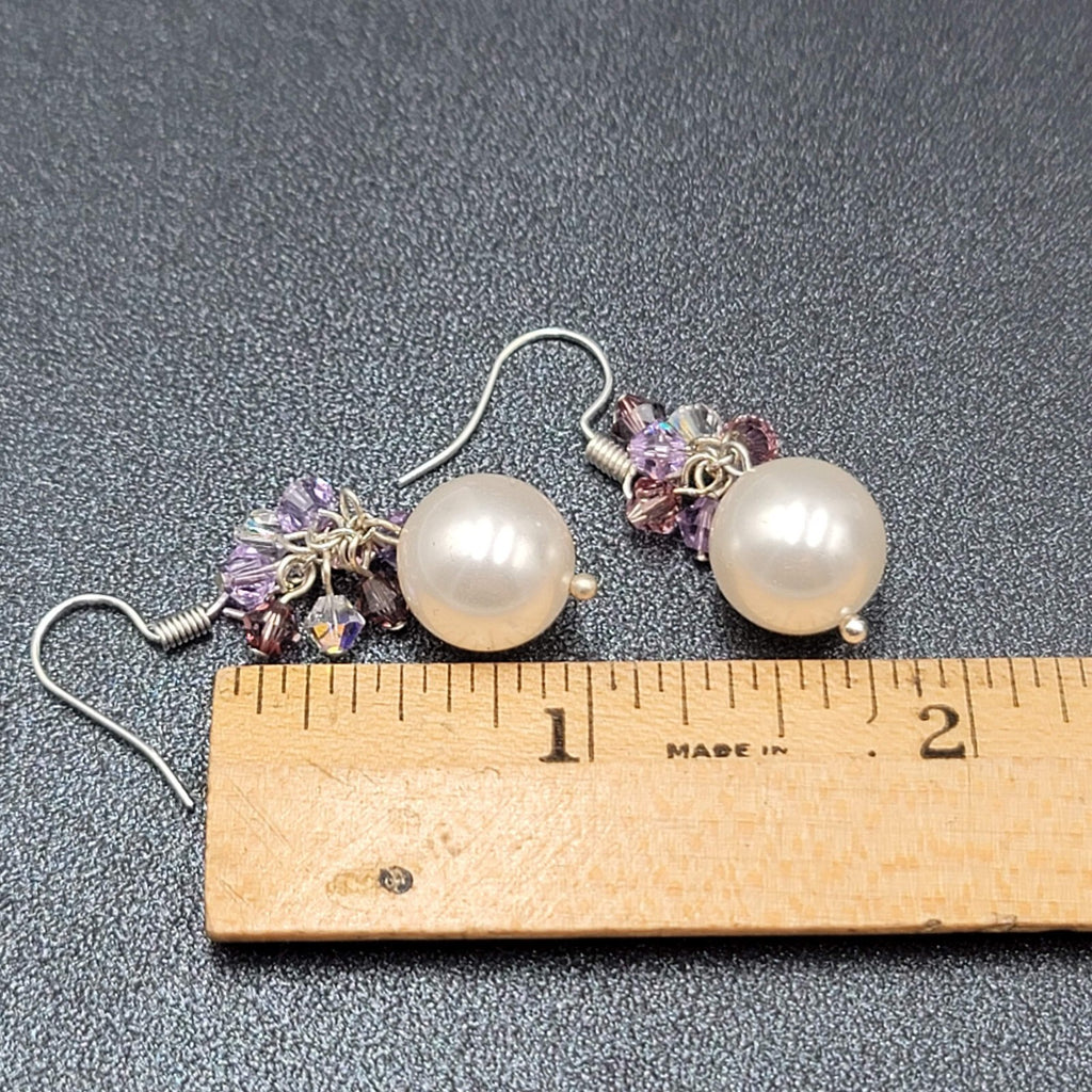 Pierced Earrings Purple Crystal Faux Pearl Beaded Dangle 1"