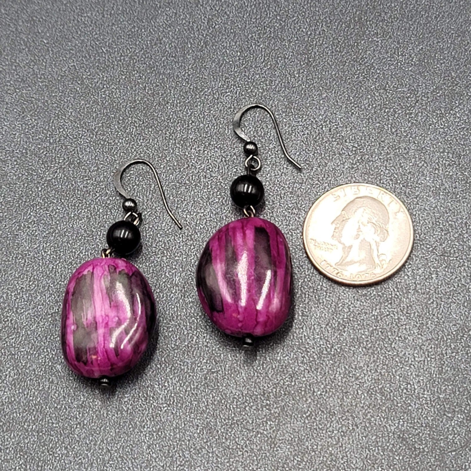 Pierced Earrings Acrylic Purple Black Statement Beads 1.75"