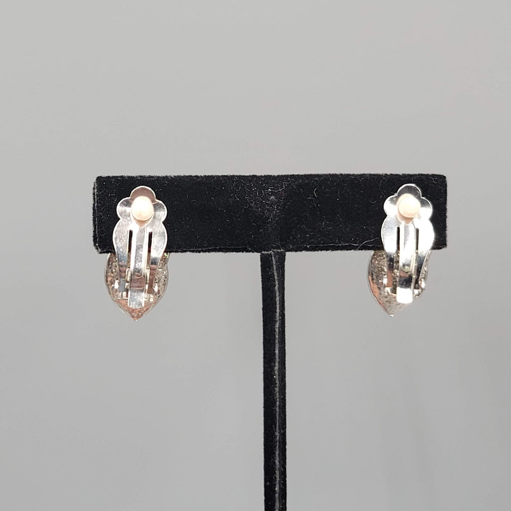 Vintage Curved Rhinestone Clip on Earrings Silver tone Drop 7/8 in