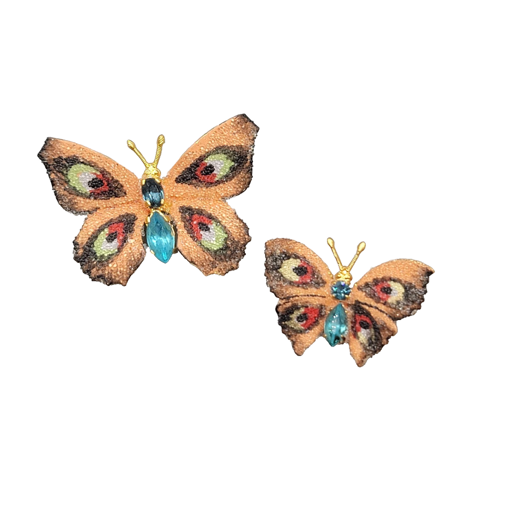 Vintage Butterfly Brooch Flocked Enamel Set of 2 
