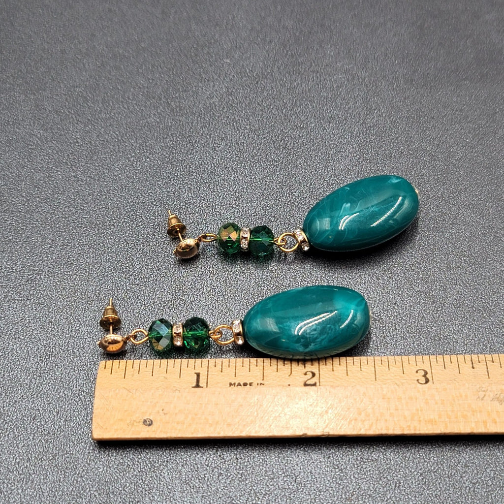 Vintage Pierced Earrings Green Acrylic Bead Dangle Rhinestones 2.5"