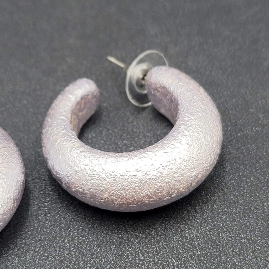 Pierced Earrings Textured Silver Lavender Wide Thick Hoops Dangle 1 1/8"