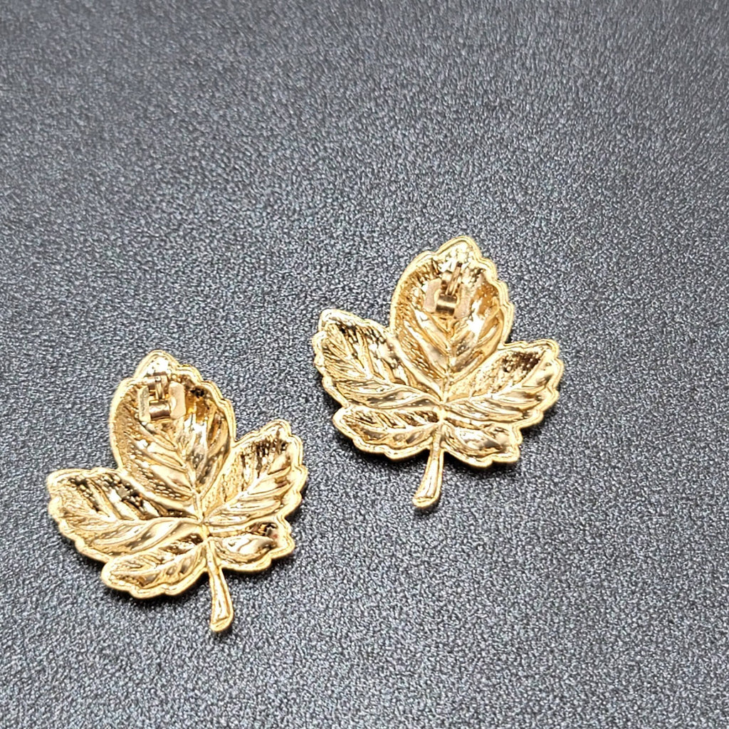 Pierced Earrings Gold tone Green Enamel Leaves Drop 1.25"