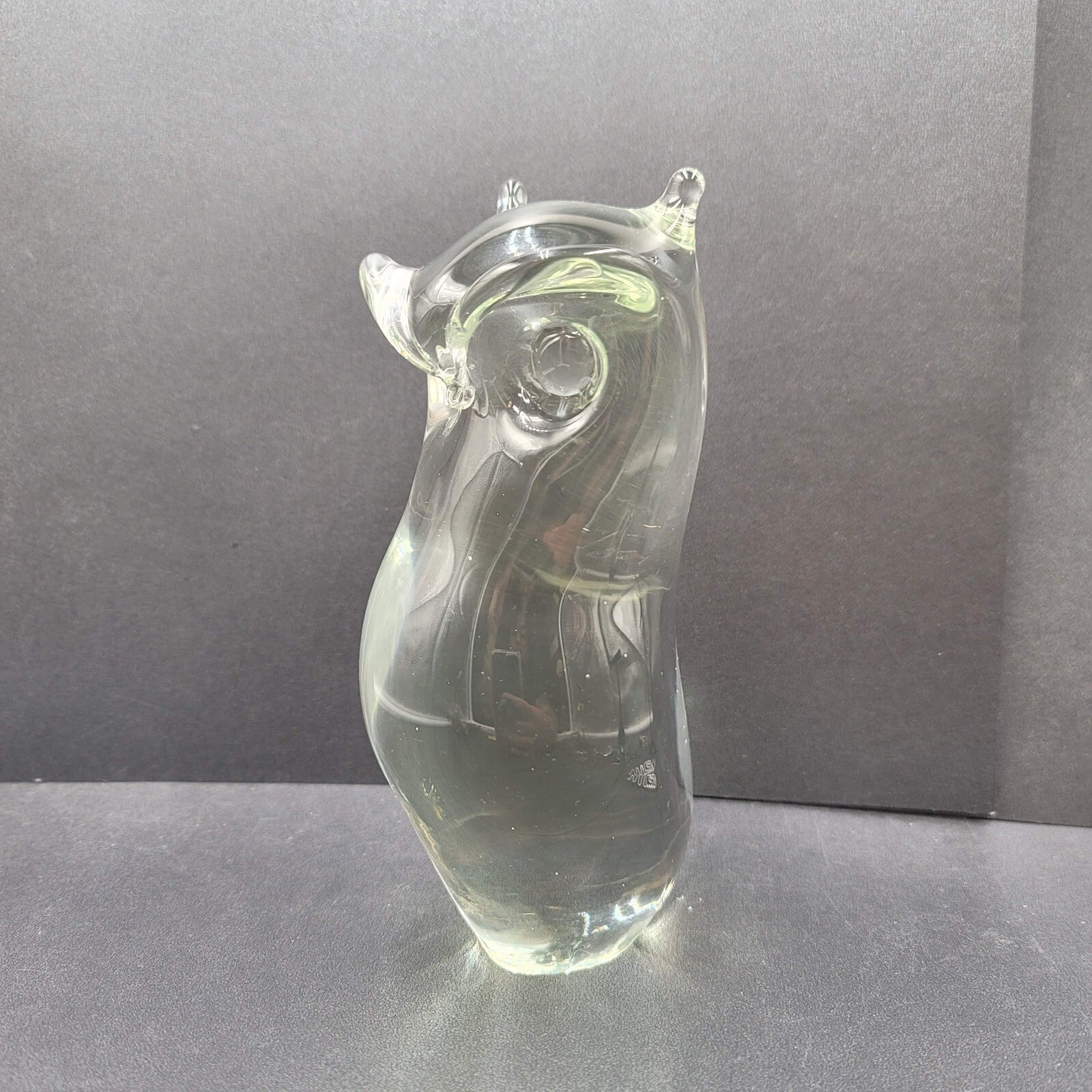 Vintage Solid Clear Glass Owl Figurine Hand Blown Mid Century 6.5" Rare Find