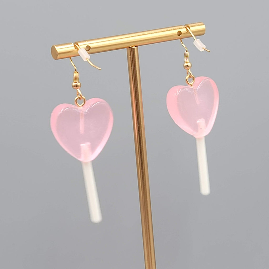 Heart Lollipop Dangle Pierced Earrings Resin Gold Hook Candy 1.75"
