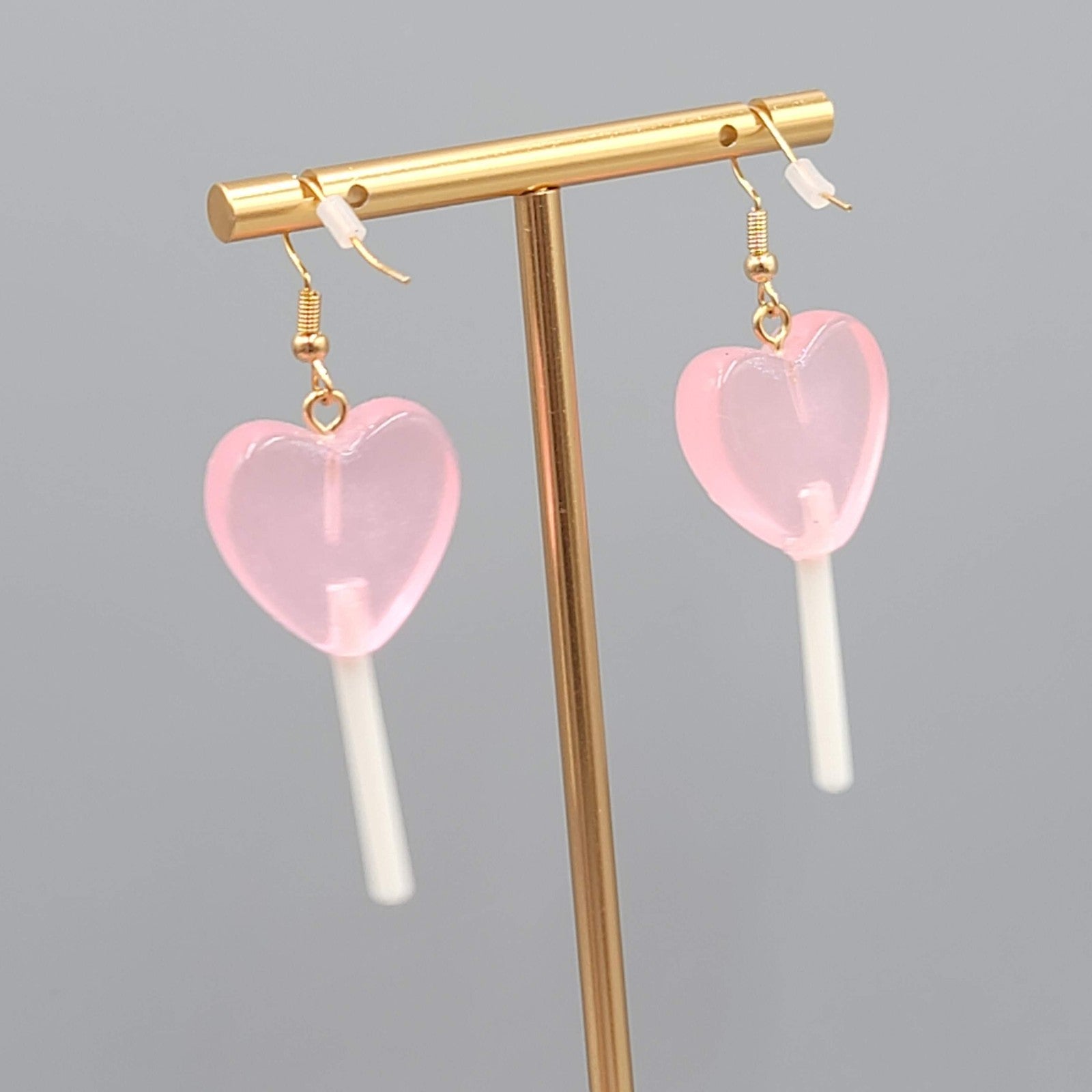 Heart Lollipop Dangle Pierced Earrings Resin Gold Hook Candy 1.75"