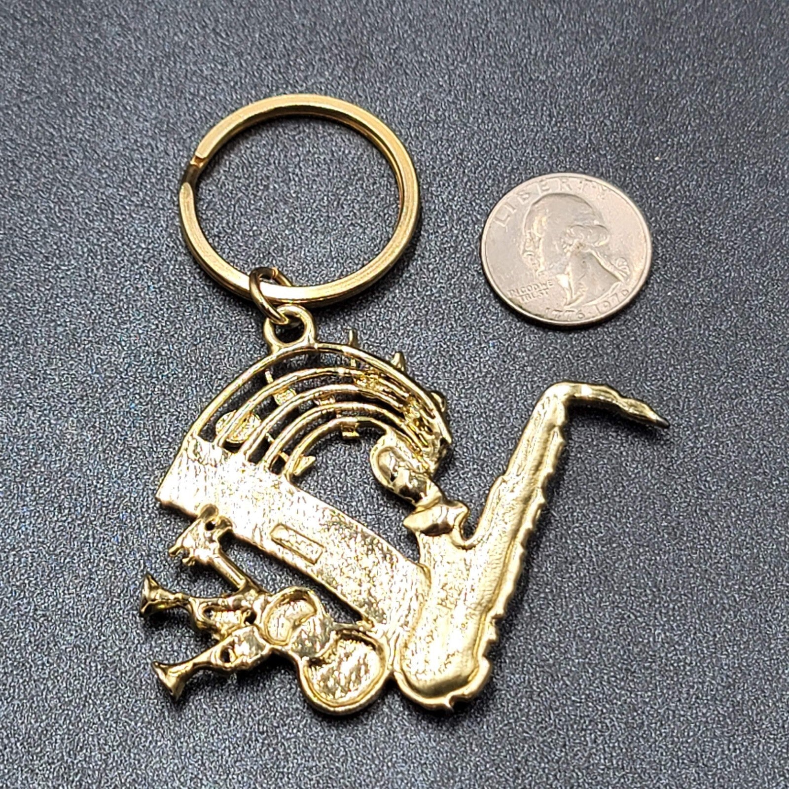 Vintage AJC Keychain Fob Music Sax Guitar Gold tone Piano 3"