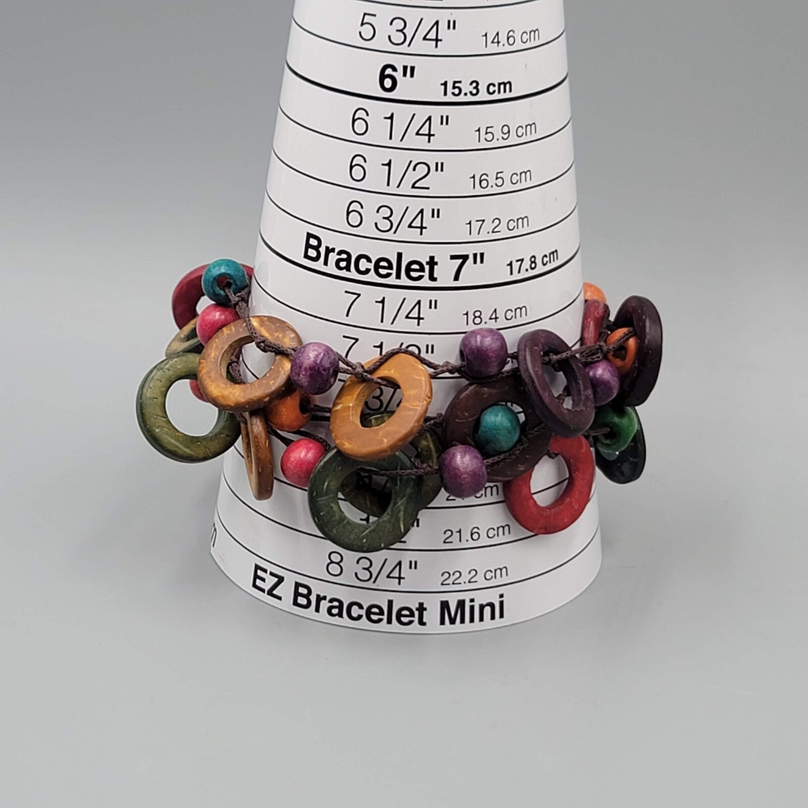 Multicolor Coconut Shell and Wood Bead Bracelet Button Closure 7.5"