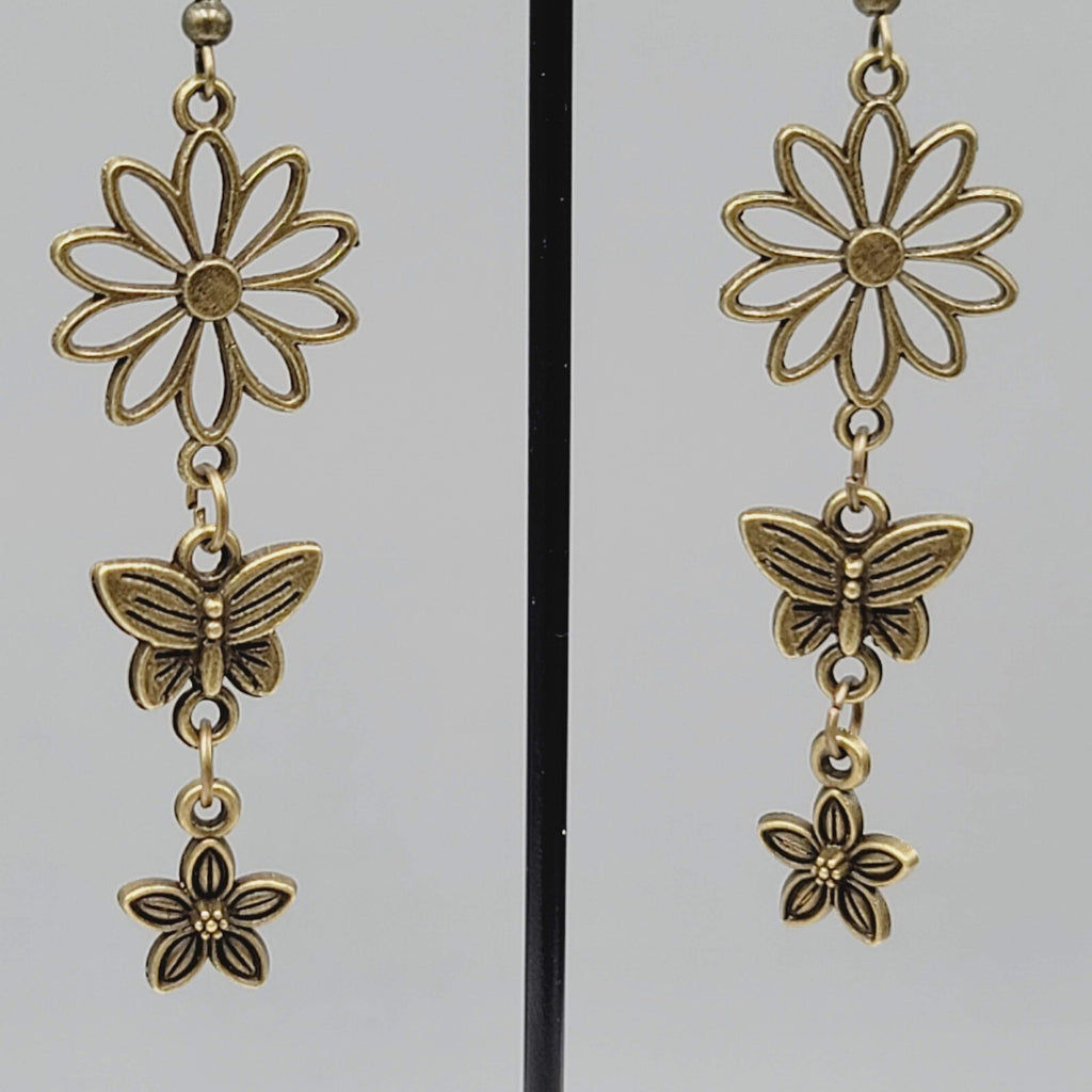 New Flower Butterfly Pierced Earrings Bronze tone Triple Dangle 2 1/8"