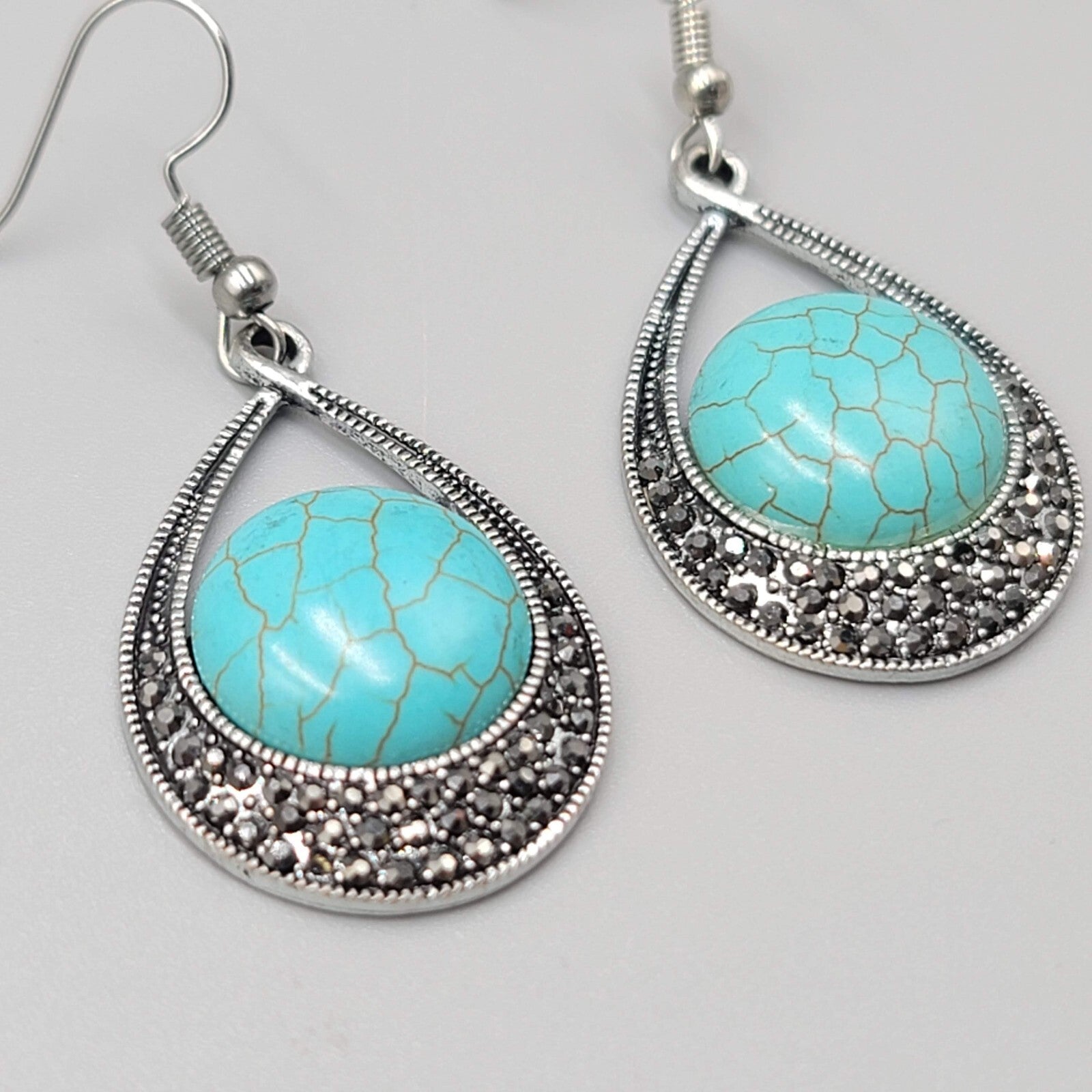 Teardrop Dangle Pierced Earrings Silver tone Marcasite Blue Howlite 1.25"