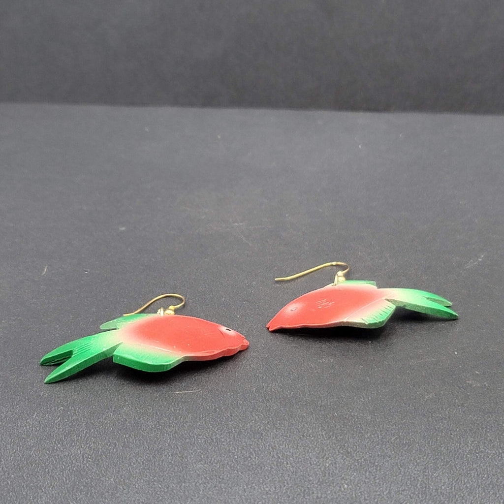 Vintage Pierced Earrings Coconut Shell Carved Fish Painted 2"