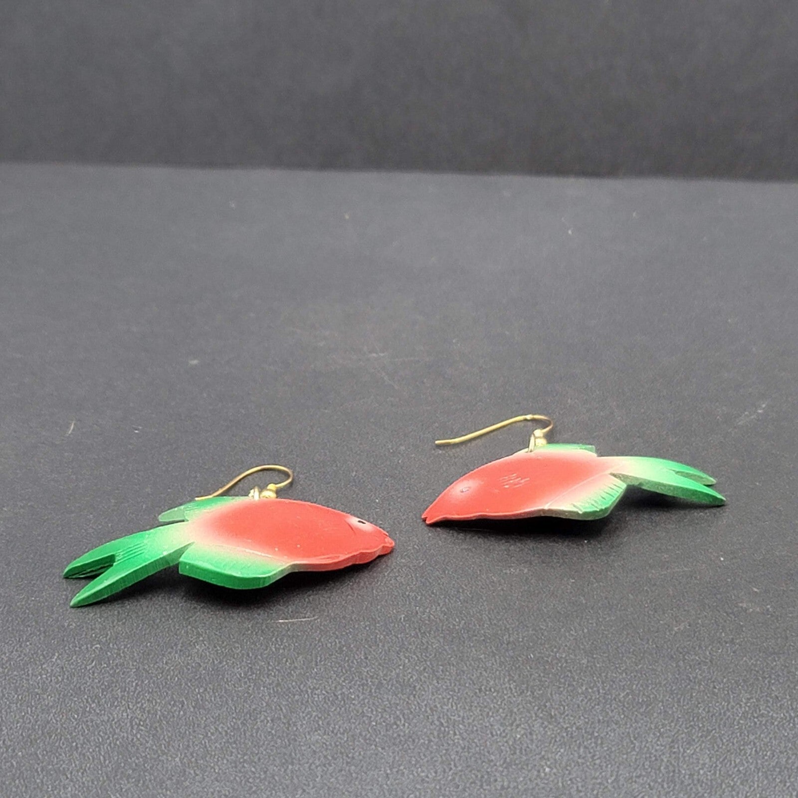 Vintage Pierced Earrings Coconut Shell Carved Fish Painted 2"