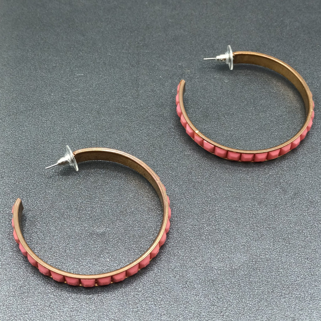 Pierced Earrings Bronze tone Pink Faceted Acrylic Statement Hoop 2 1/8"