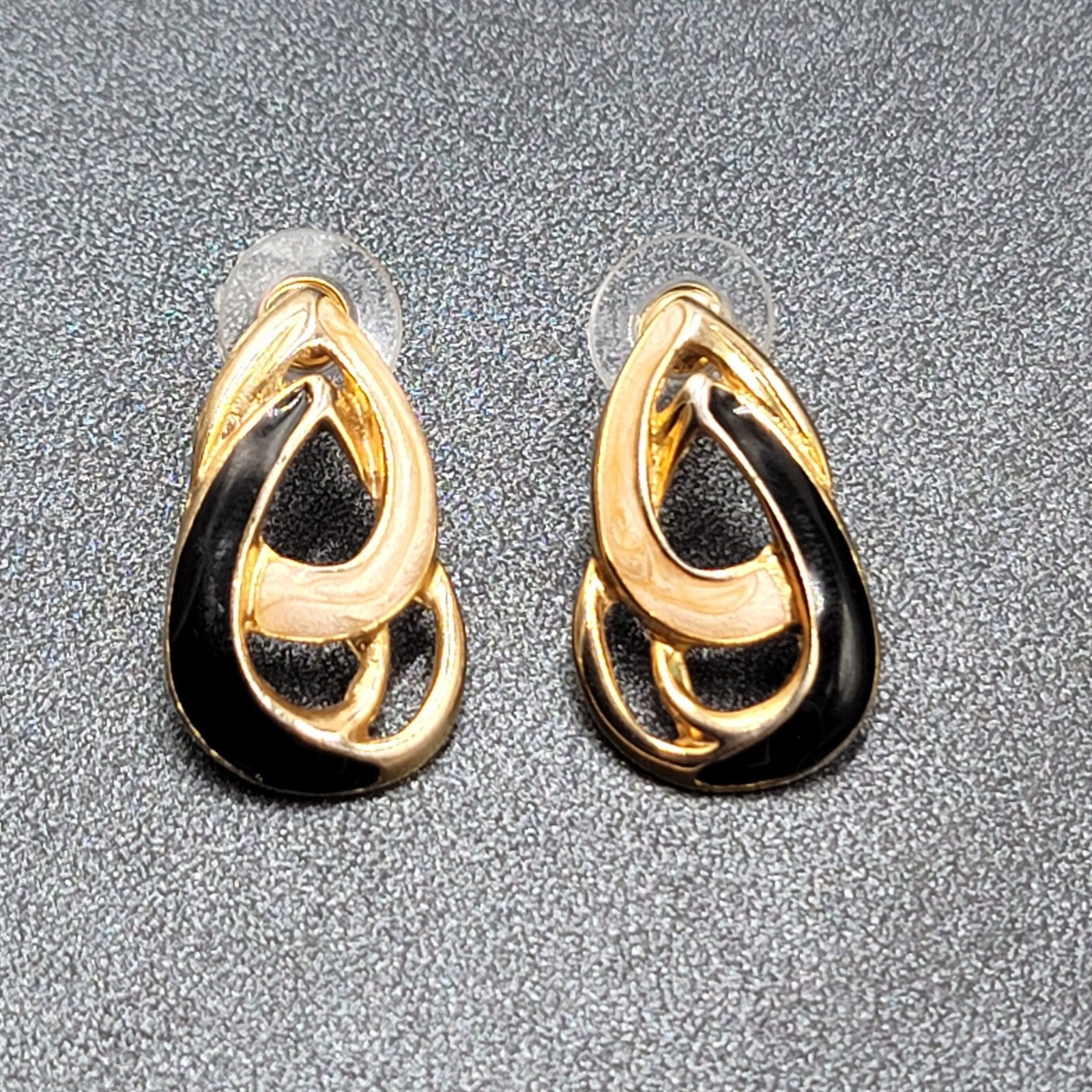 Vintage Pierced Earrings Black Cream Enamel Double Teardrop Drop 1"