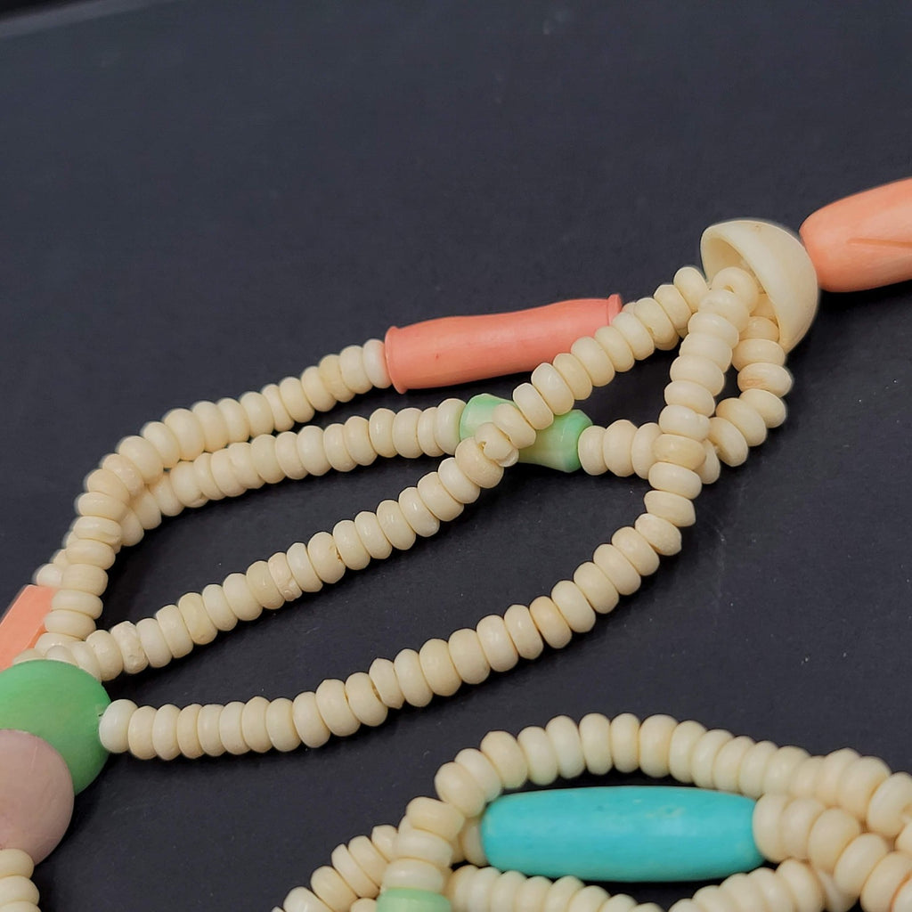 Vintage Multi Strand Beaded Necklace Carved Pastel Beads Toggle Clasp 24"