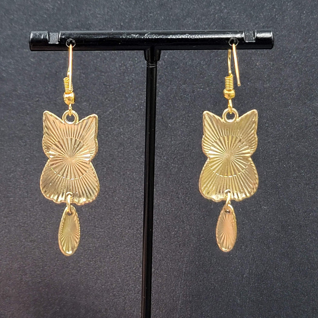 Black Tabby Kitty Cat Pierced Earrings Gold tone Dangle Tail 1.5"