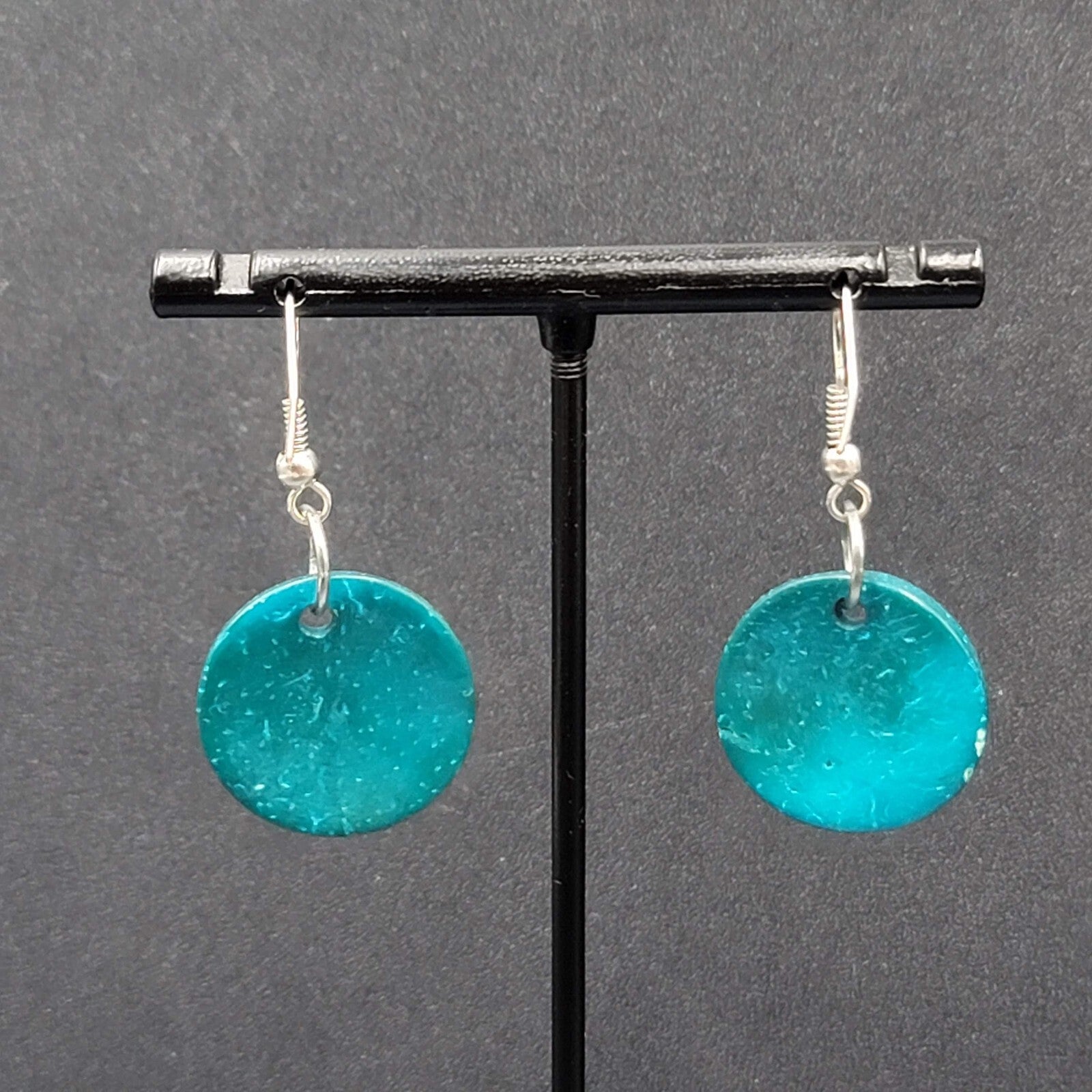 Pierced Earrings Teal Blue Coir Coconut Shell Round Dangle 3/4"
