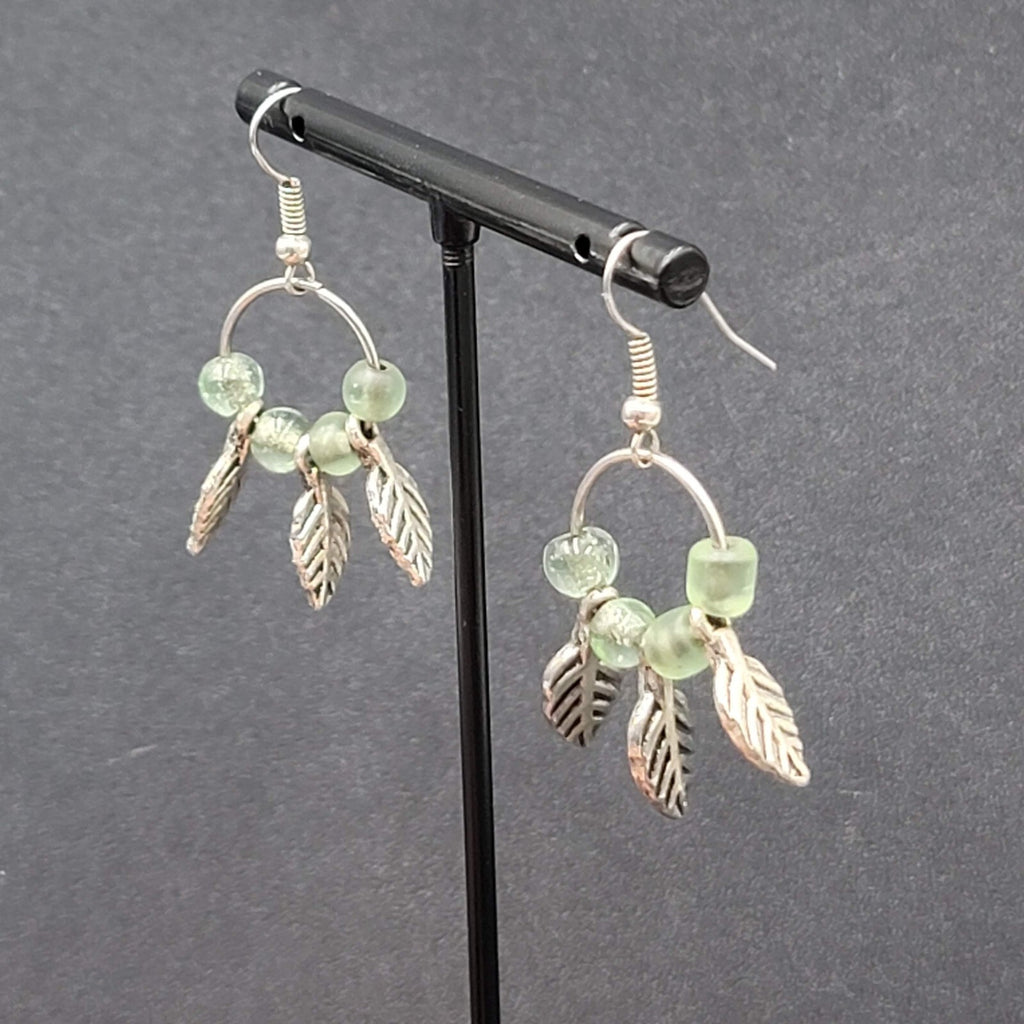 Pierced Earrings Silver tone Green Glass Bead Leaves Dangle  1.25"