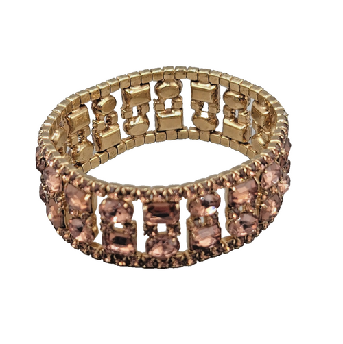 Brown Rhinestone Elastic Bracelet Gold tone Retro Look 7 in