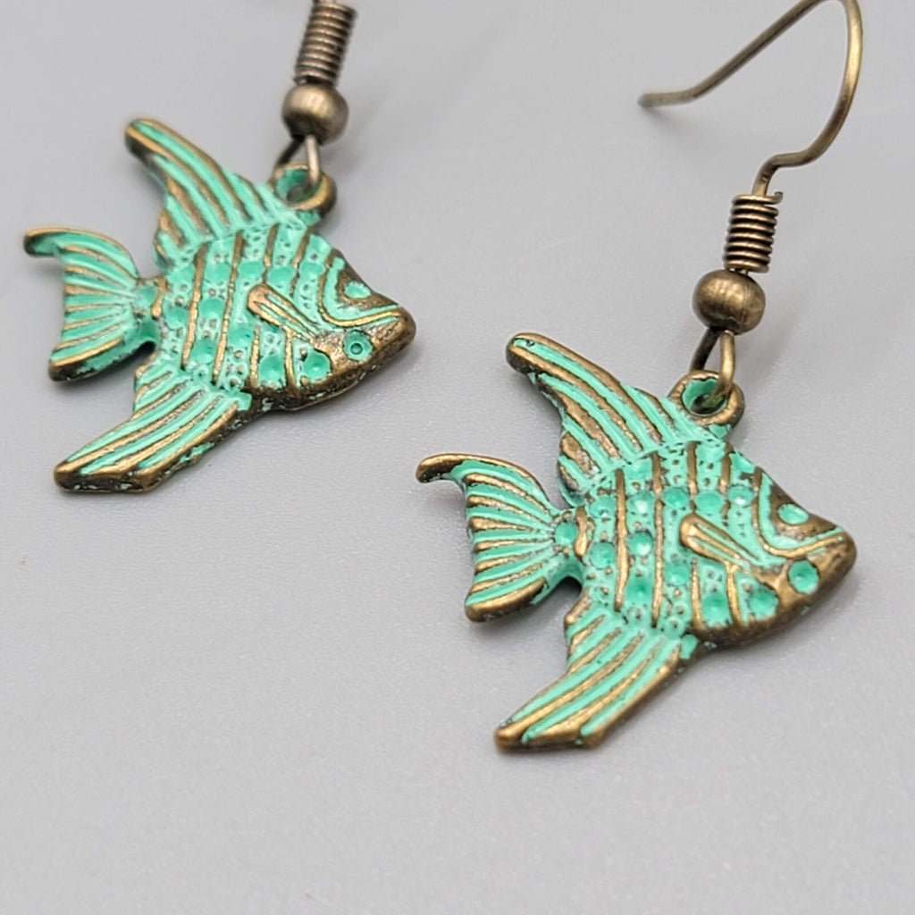 Angelfish Beach Sea life Pierced Earrings Bronze tone Green wash Dangle 3/4"