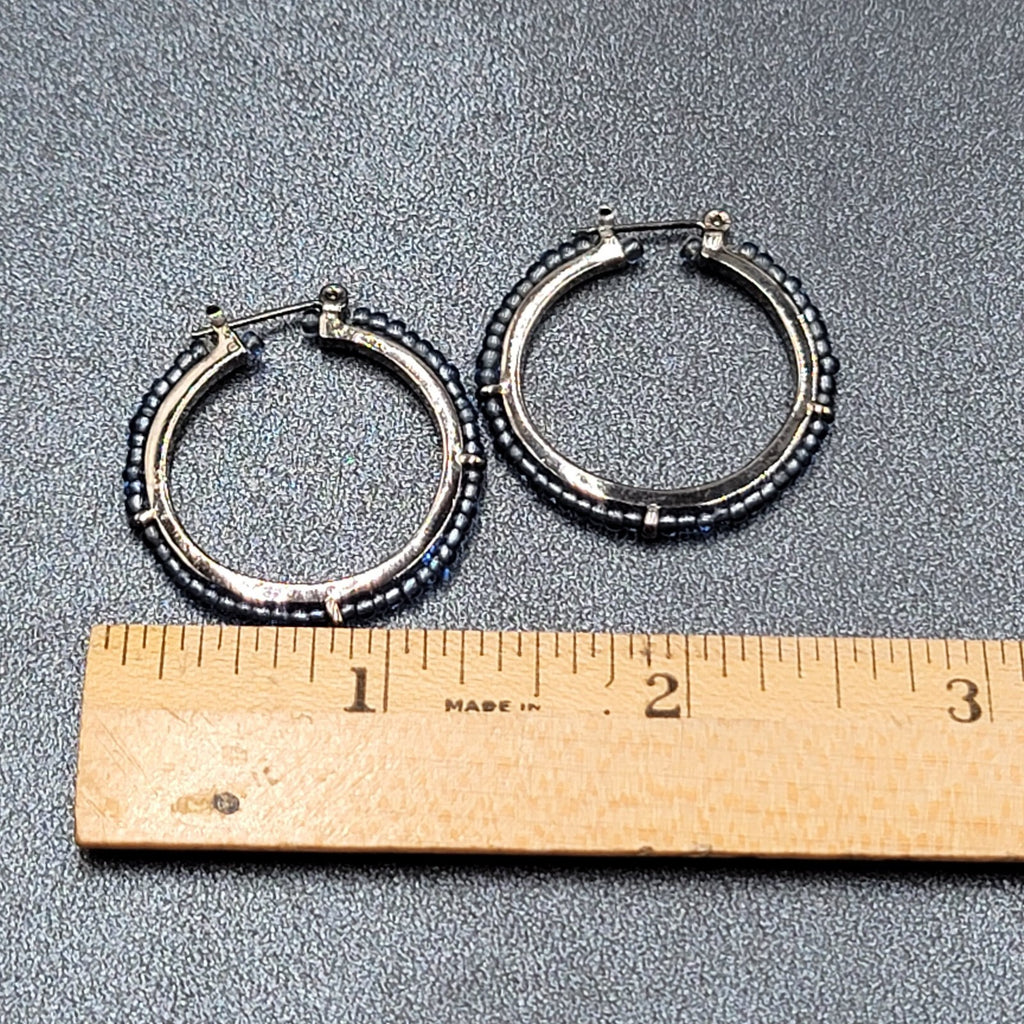 Pierced Earrings Black Metal Blue Seed Bead Hoops 1"