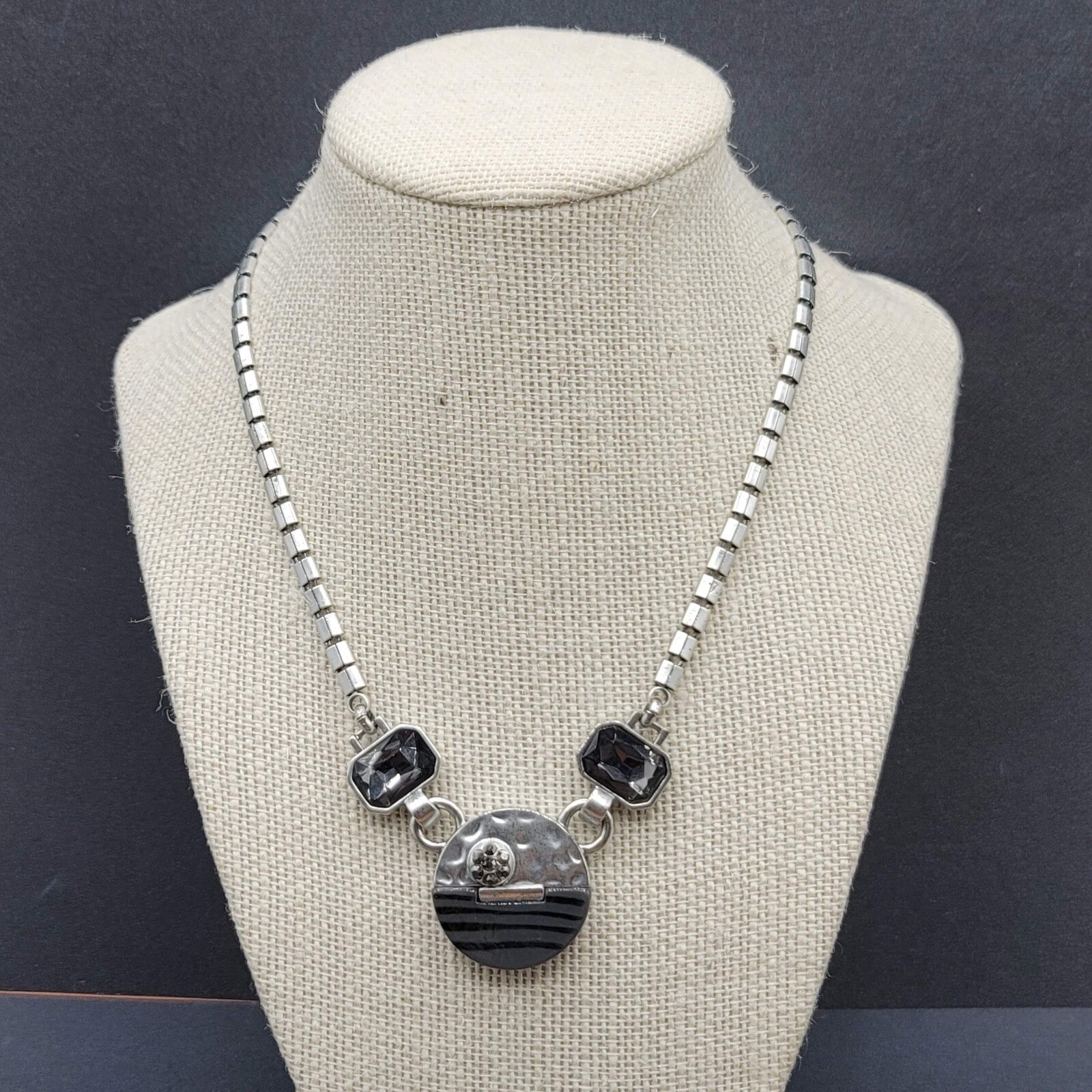 Silver tone Necklace Signed Unknown Brand Gray Black Glass Accents 17" - 19.5"
