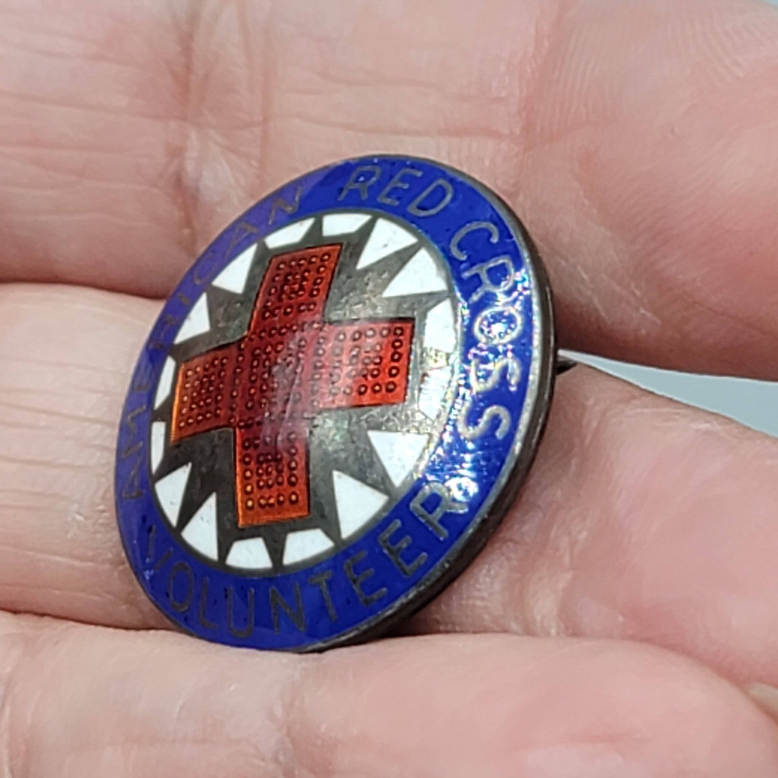 Vintage American Red Cross Award Sterling Silver Enamel Pin Brooch Volunteer