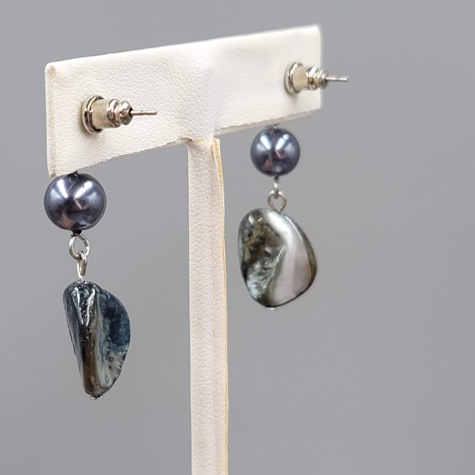 Pearl Blue Shell Pierced Earrings Silver tone Dangle 1.5"