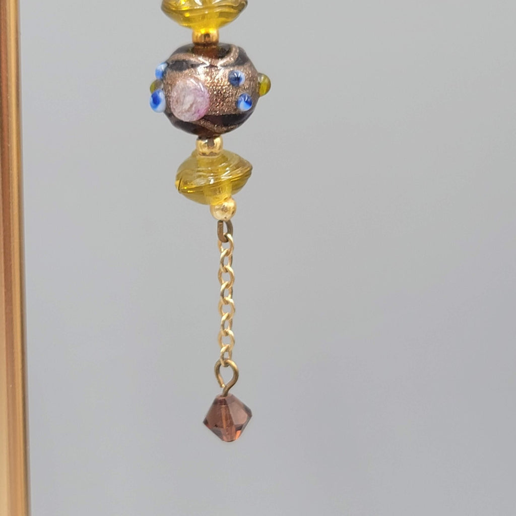 Vintage Art Glass Pierced Earrings Gold tone Dangle Boho Beaded 2.5"