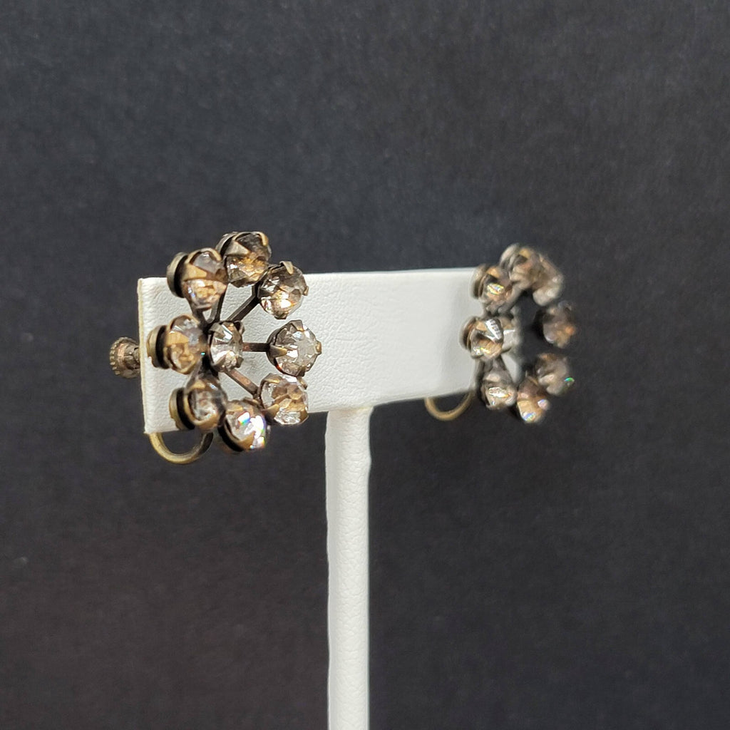 Vintage Clip on Earrings Screw Back Gray Rhinestones 3/4"