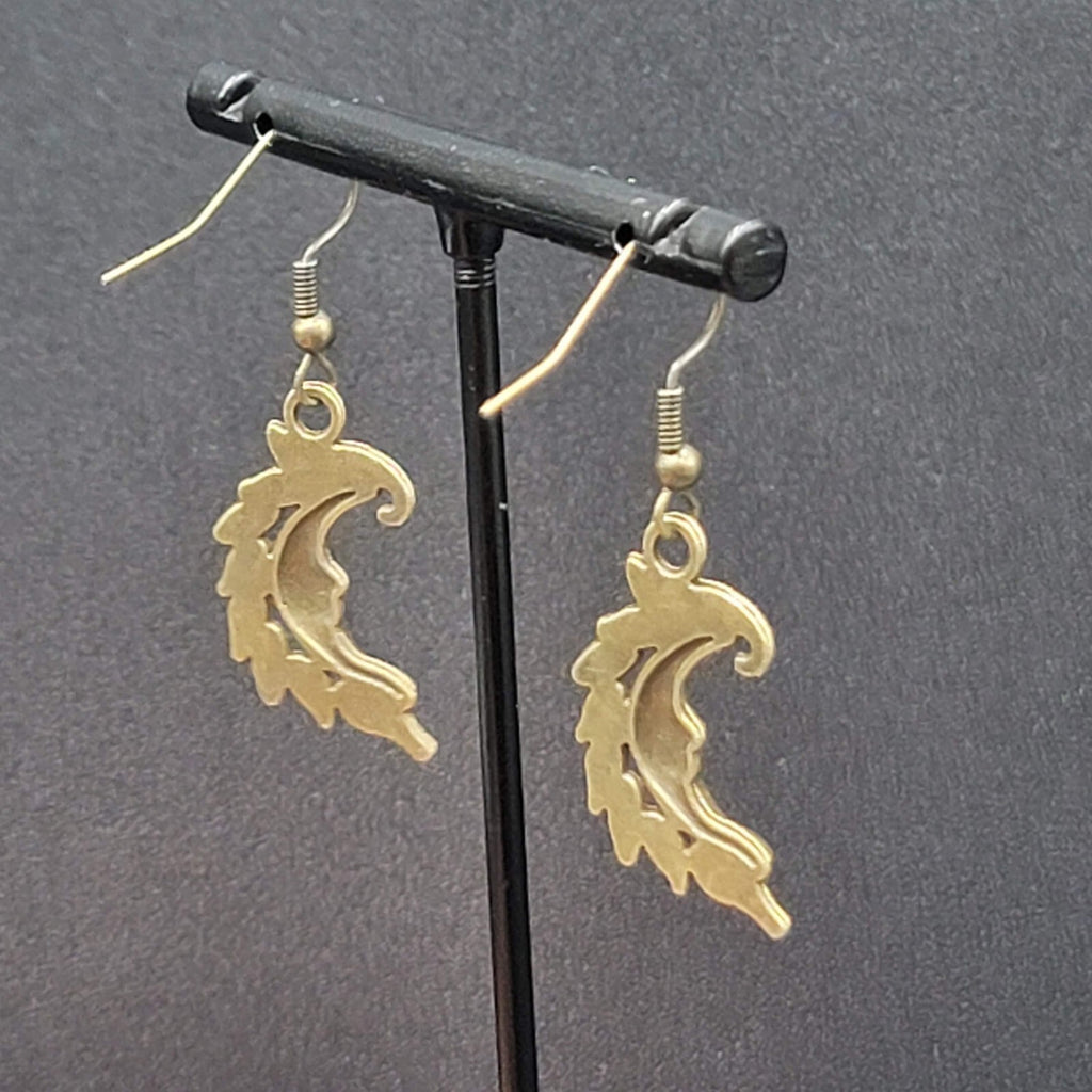 New Moon Face Pierced Earrings Bronze tone Dangle Embossed 1"