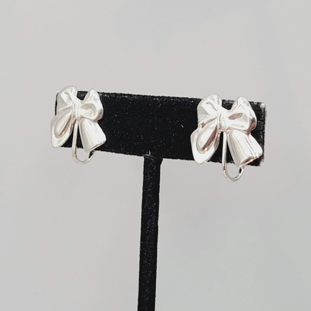 Vintage Bow Stud Clip on Earrings Silver tone Studs Lightweight 5/8"