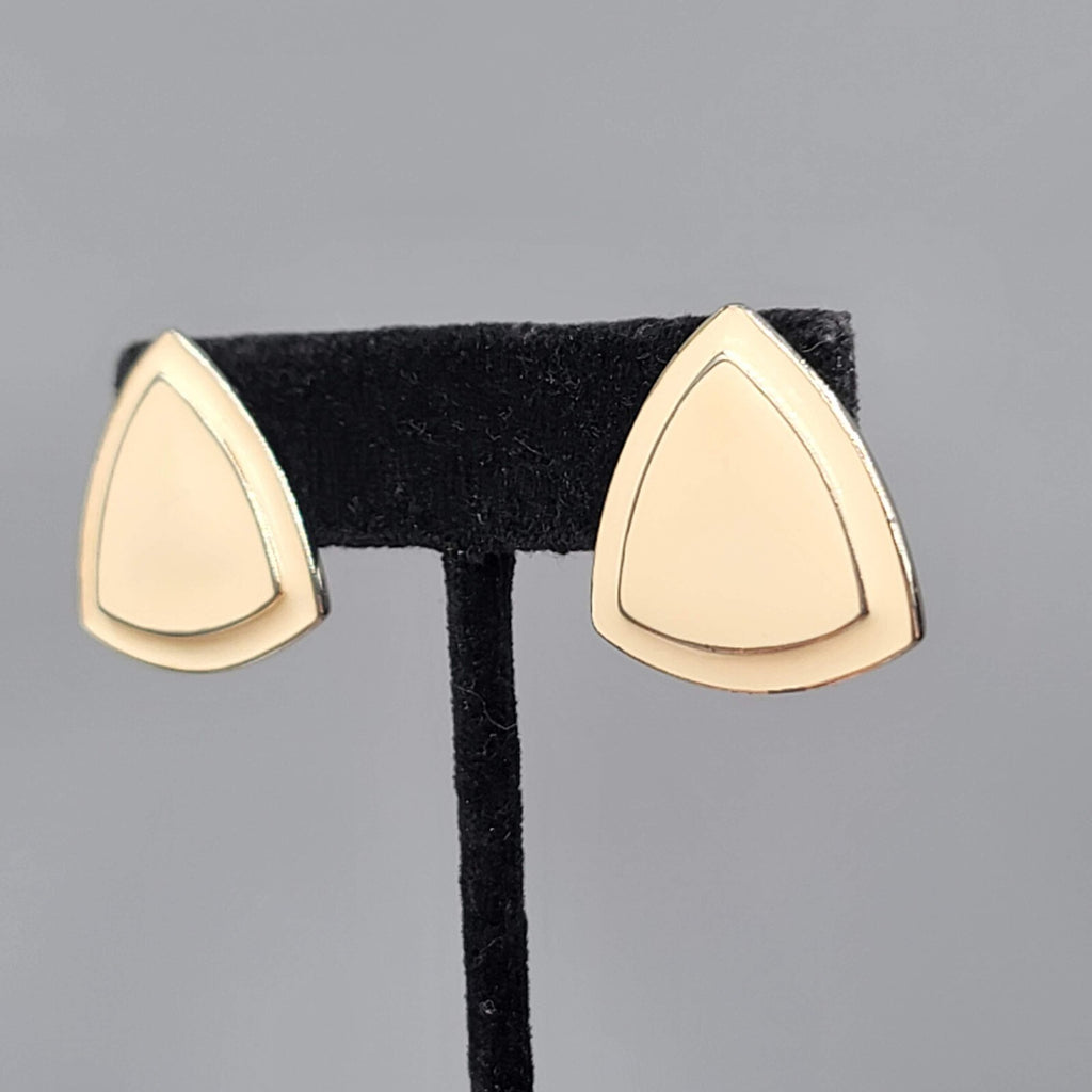 Vintage Pierced Earrings Cream Enamel Triangle Silver tone 1"