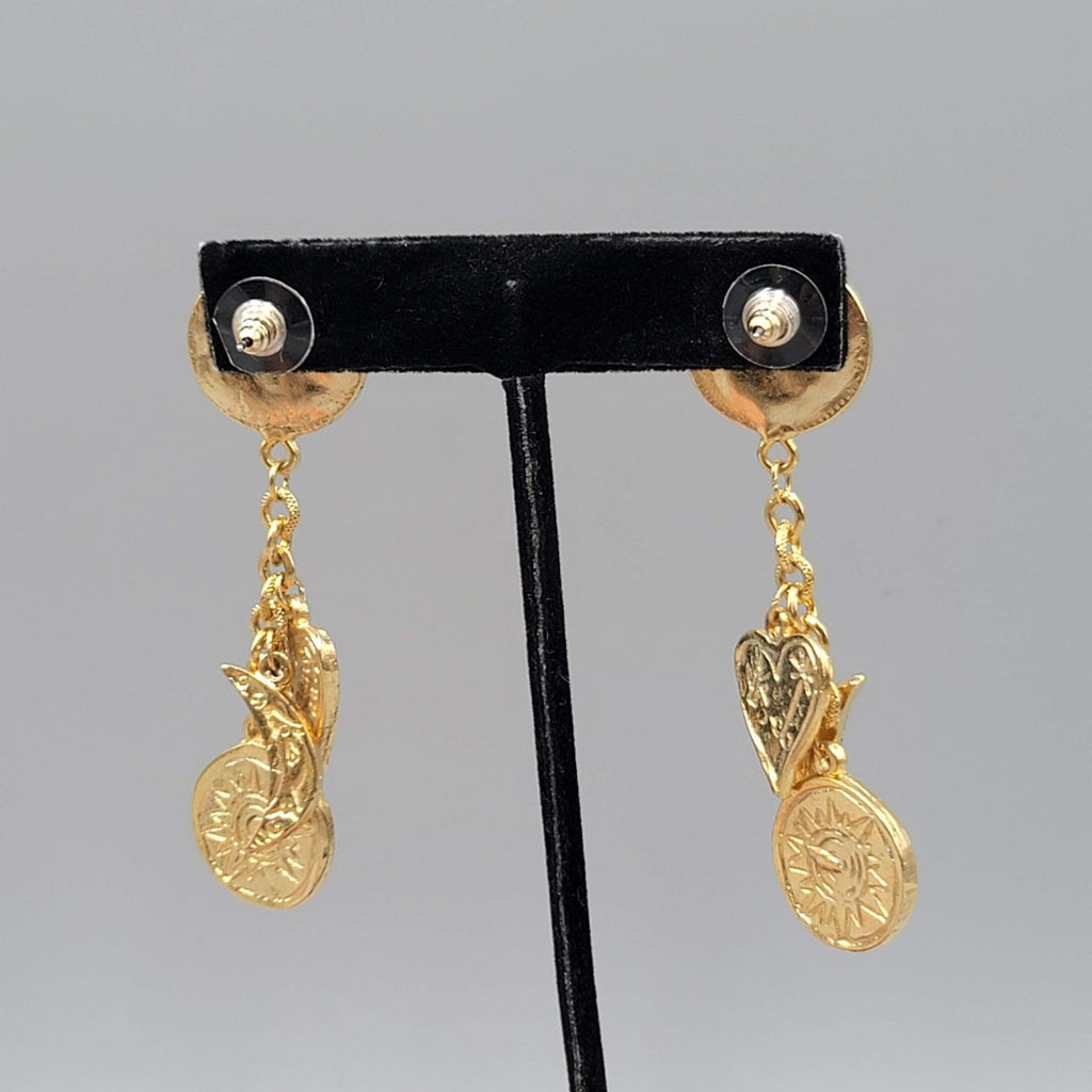 Vintage Heart Moon Sun Pierced Earrings Gold tone Dangle 2.5 in