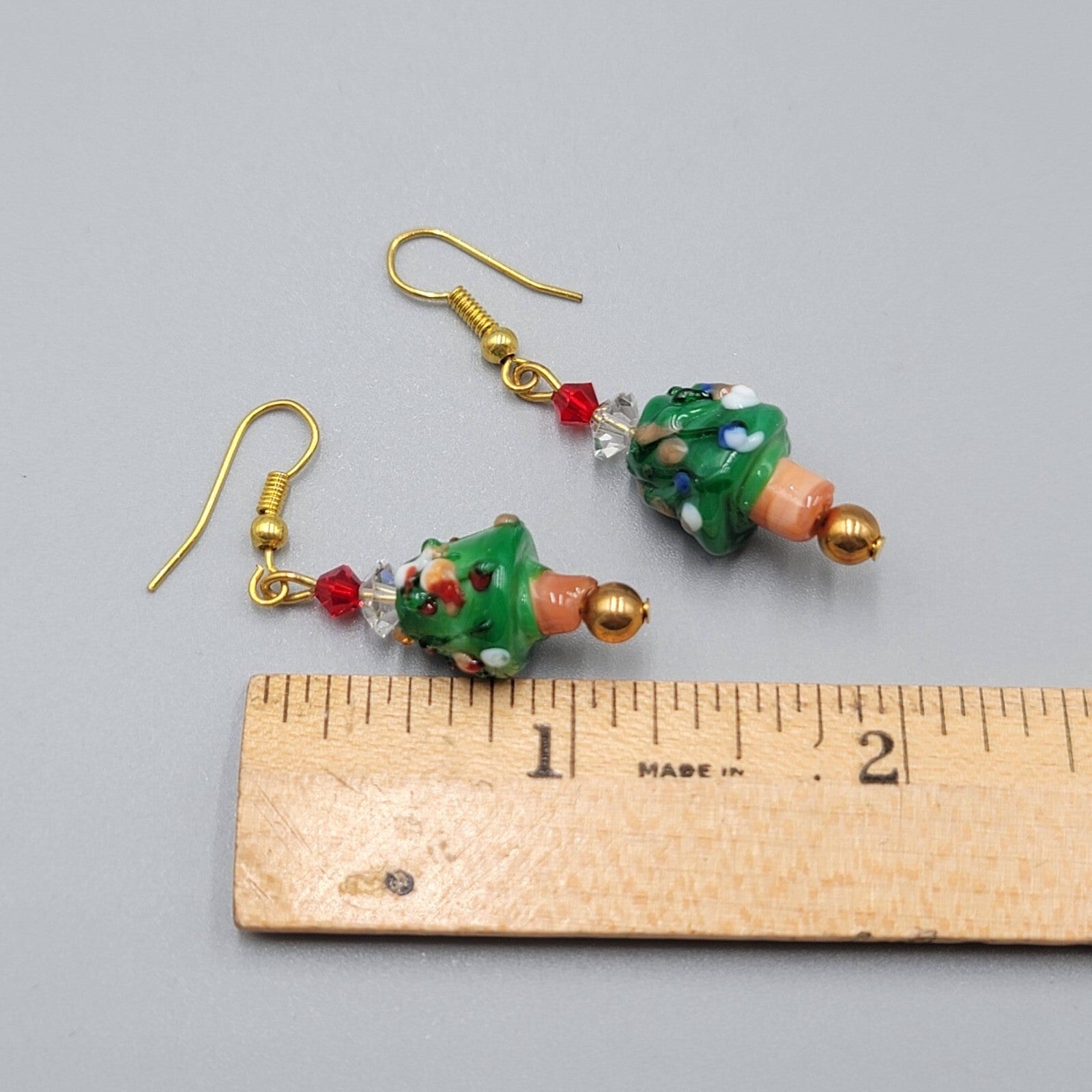 Christmas Tree Pierced Earrings Art Glass Bead Dangle 1.25"