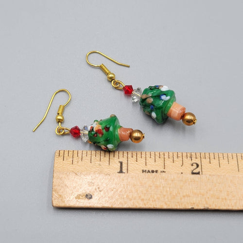 Christmas Tree Pierced Earrings Art Glass Bead Dangle 1.25"
