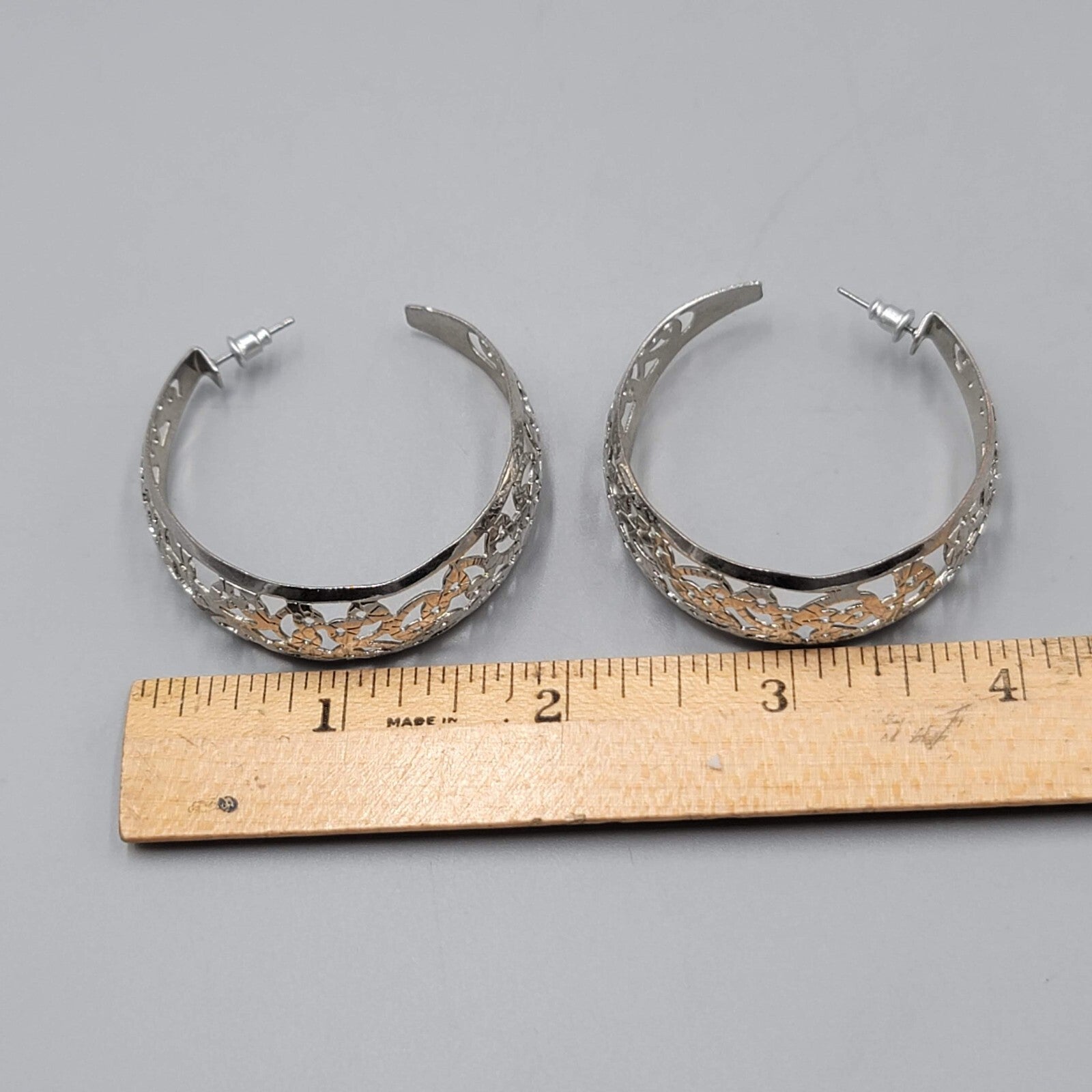 Filigree Hoop Pierced Earrings Drop Silver tone 1.75"