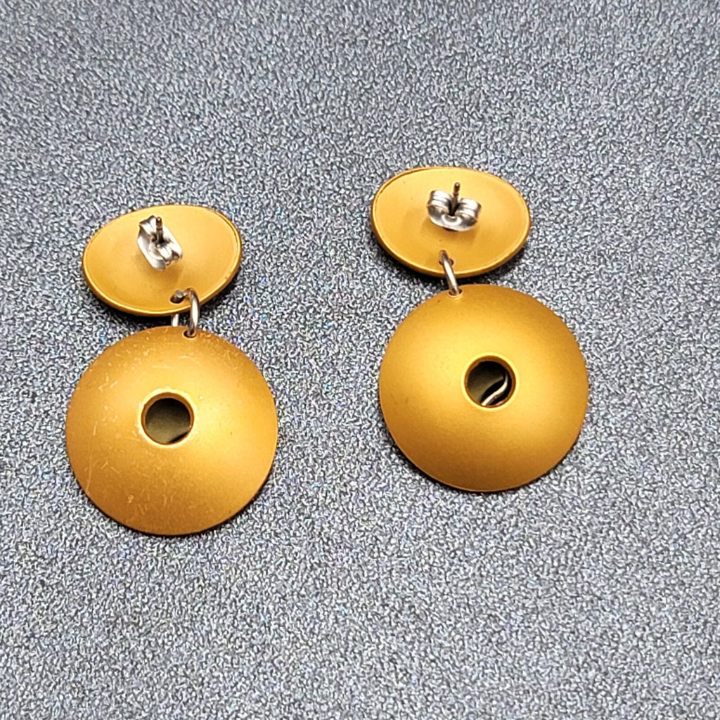 Pierced Earrings Brushed Gold tone Gold Silver Accent Modernist Dangle  1 3/8"